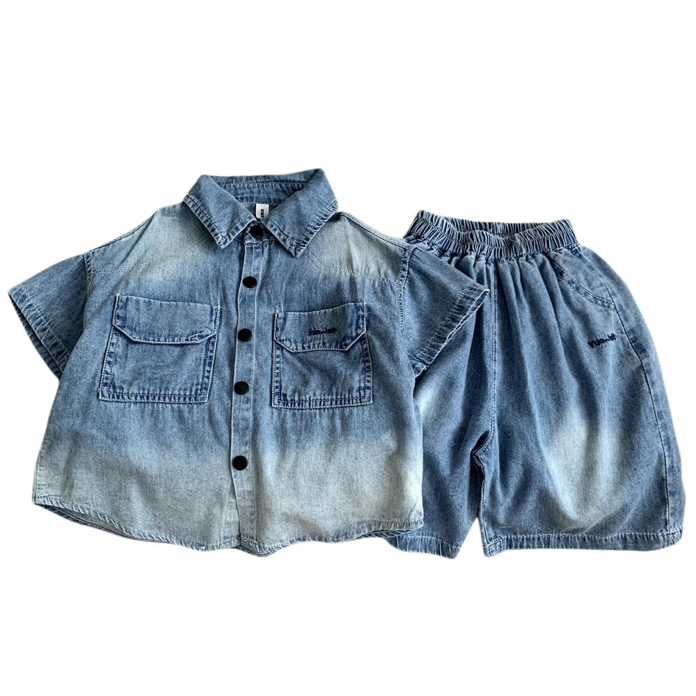 Boys' Denim Short-Sleeve Shirt & Shorts Two-Piece Set.