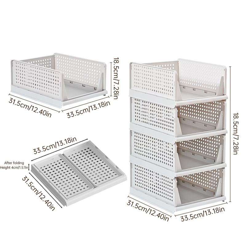 4 Pack Plastic Closet Organizer Bins, Stackable Foldable Storage Baskets with Slide-Out Rails for Clothes, Toys, T-Shirts.