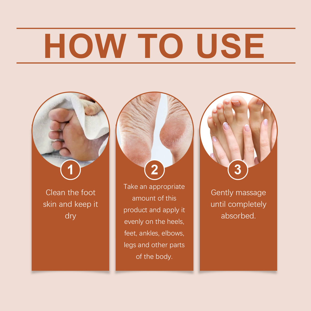 OceAura Foot Moisturizing Cream for soothing dry feet, with a three-step guide showing cleaning
