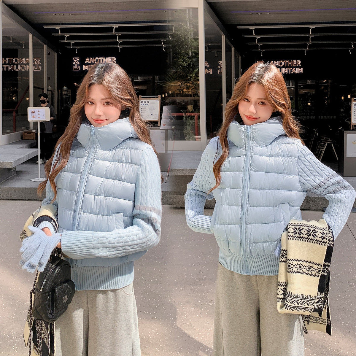 Women's Spliced Knitted Hooded Down Cotton Coat with Striped Webbing Slimming Puffer Jacket