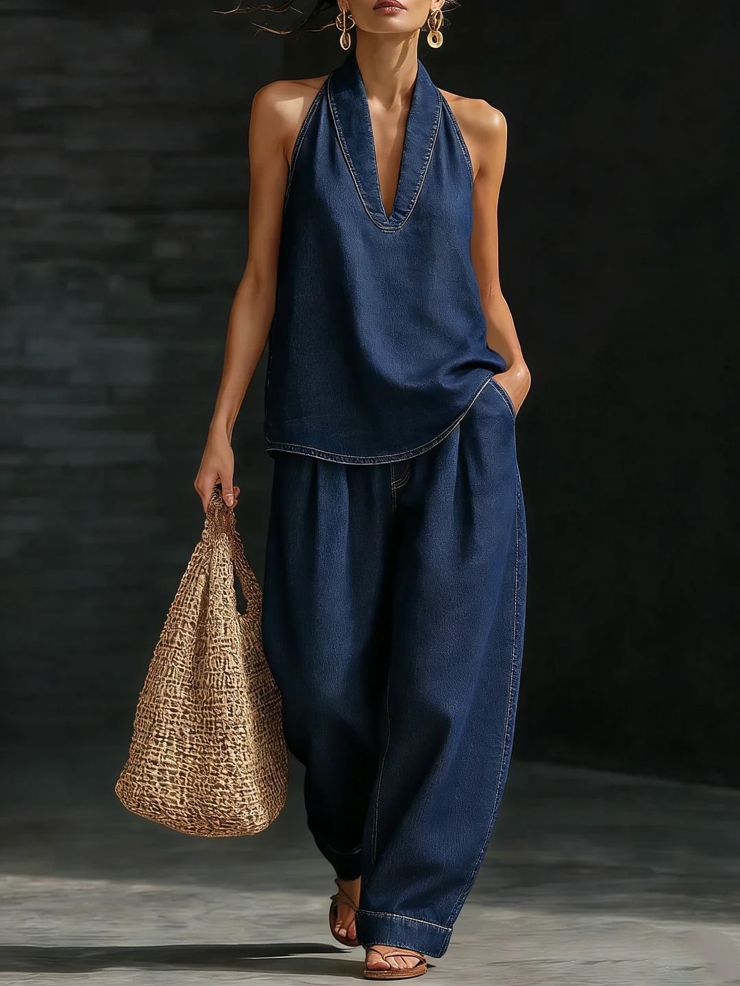 Women's V-Neck Sleeveless Top & Wide Leg Pants Set.