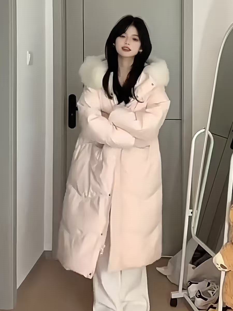 Women's Long Puffer Coat with Large Fur Collar - Winter Fashion Quilted Jacket