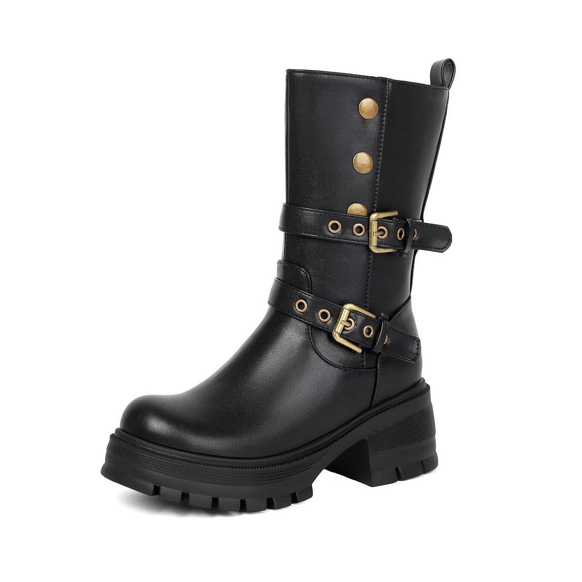 Women's Thick Sole High Heel Ankle Boots with Belt Buckle.