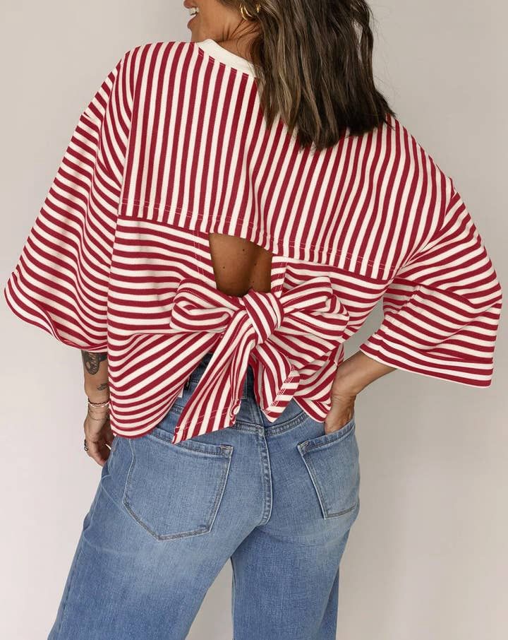 Women's Striped Back Bow Tie Pullover Top.