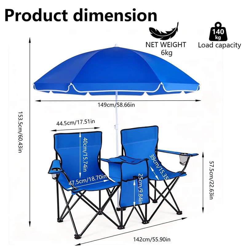 Double Camping Loveseat with Canopy – 600 lb Capacity, Cup Holders & Side Table, Foldable Outdoor Chair for Beach & Park.