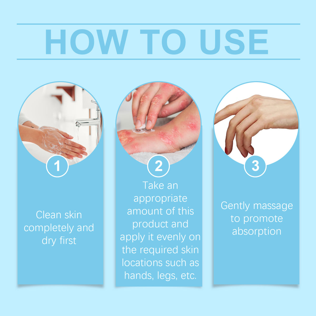 OceAura Skin Repair Cream instructions in three steps: clean and dry skin, apply to hands and legs