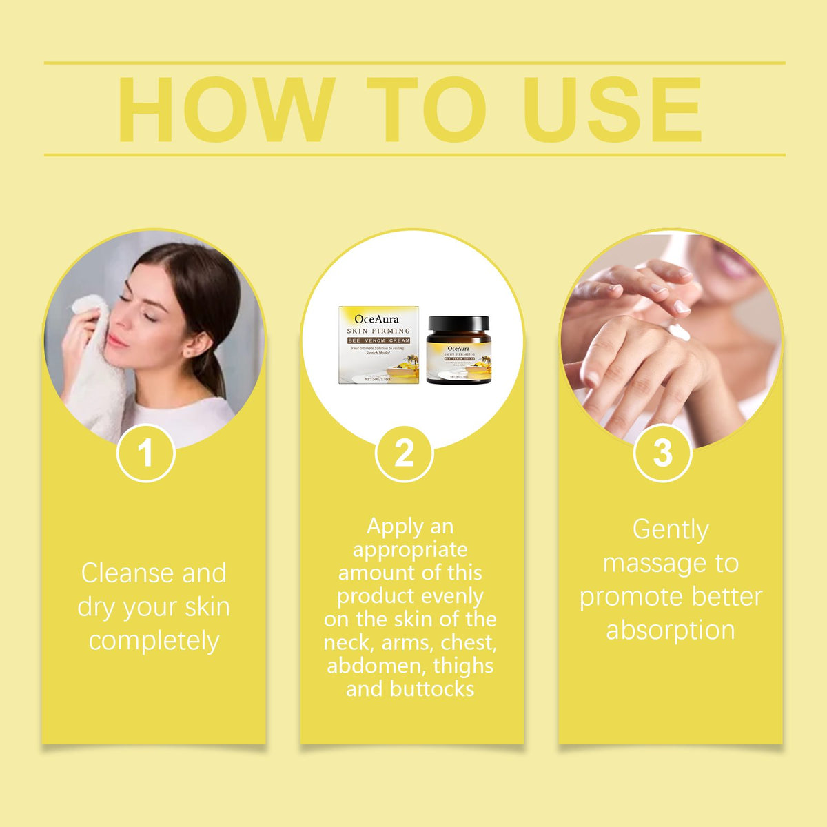 Oceaura Firming Moisturizer step-by-step guide showing cleansing, applying the cream to the neck and arms