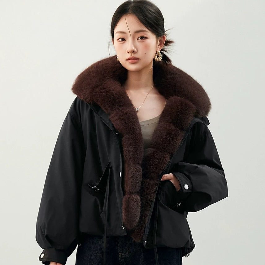Women's Cropped Workwear Parka with Detachable Large Fur Collar, Thickened Cotton-Filled Windbreaker Coat