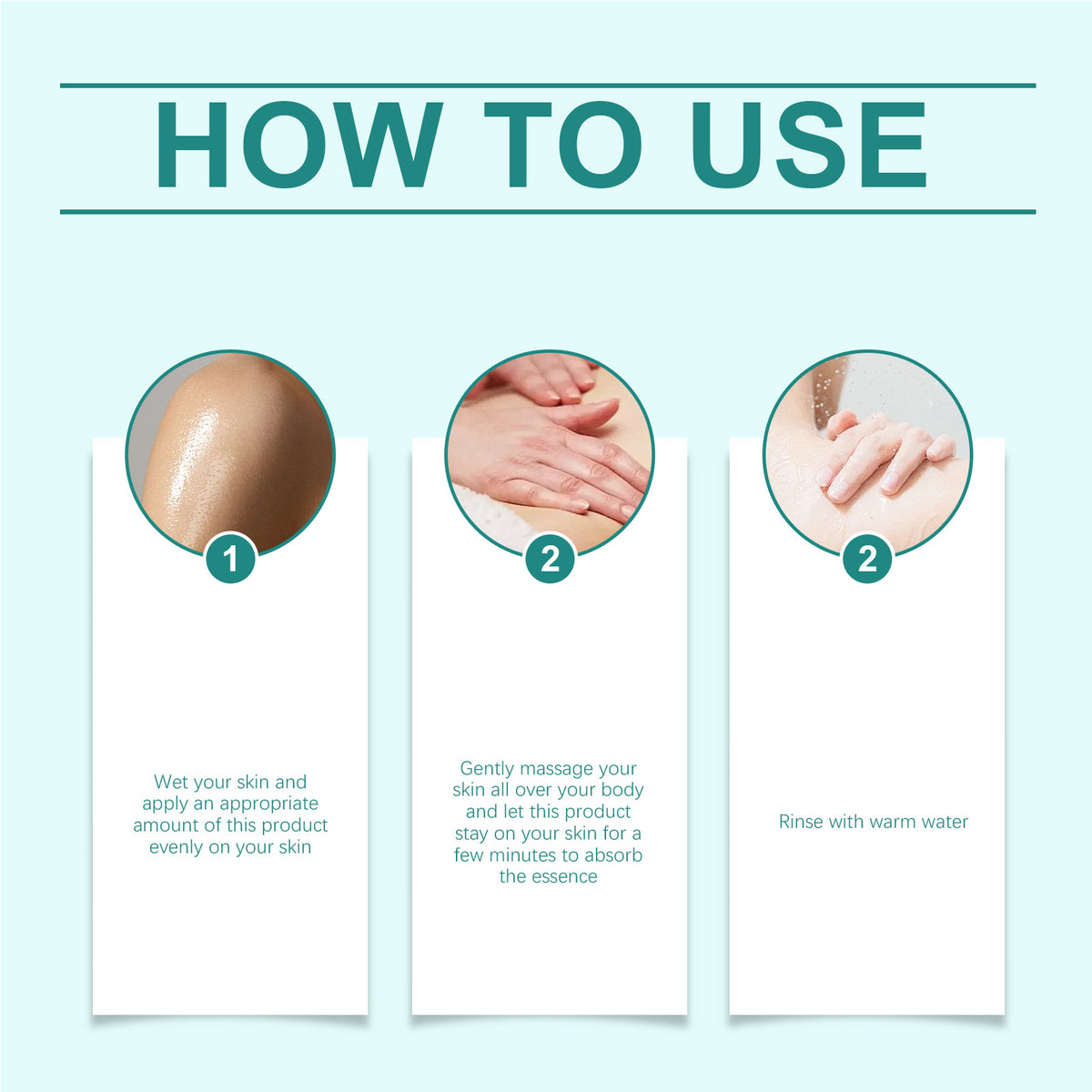 OceAura Body Shower Oil Gentle Body Massage shown in three steps: wet skin, massage in the oil, then rinse with warm water