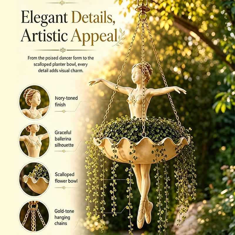 Resin Hanging Planter – Elegant Ballerina Design, Hand-Carved Detail, UV-Resistant Outdoor Flower Pot.