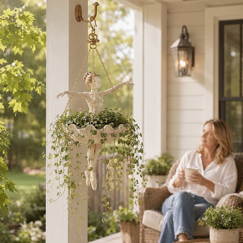 Resin Hanging Planter – Elegant Ballerina Design, Hand-Carved Detail, UV-Resistant Outdoor Flower Pot.