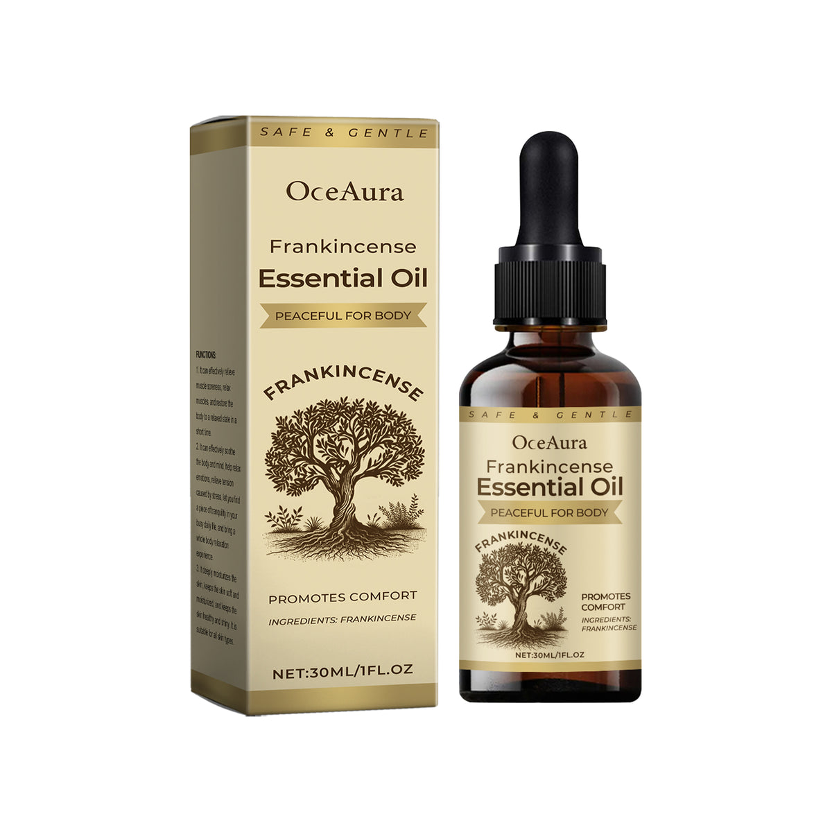 Oceaura Body Frankincense Care Essential Oil in a gold box beside an amber dropper bottle with a tree label