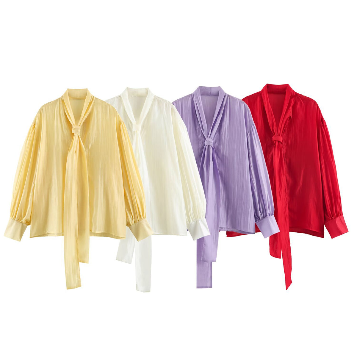 Loose bow silk satin texture long sleeved shirt for women
