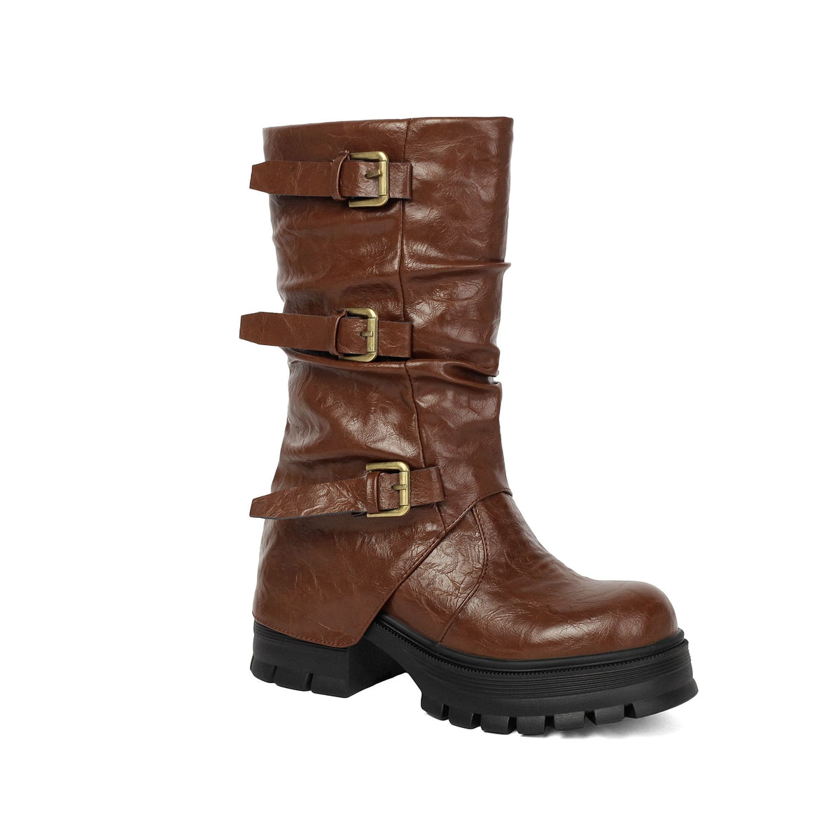 Women's Chunky Heel Short Boots with Belt Buckle Slip-On.