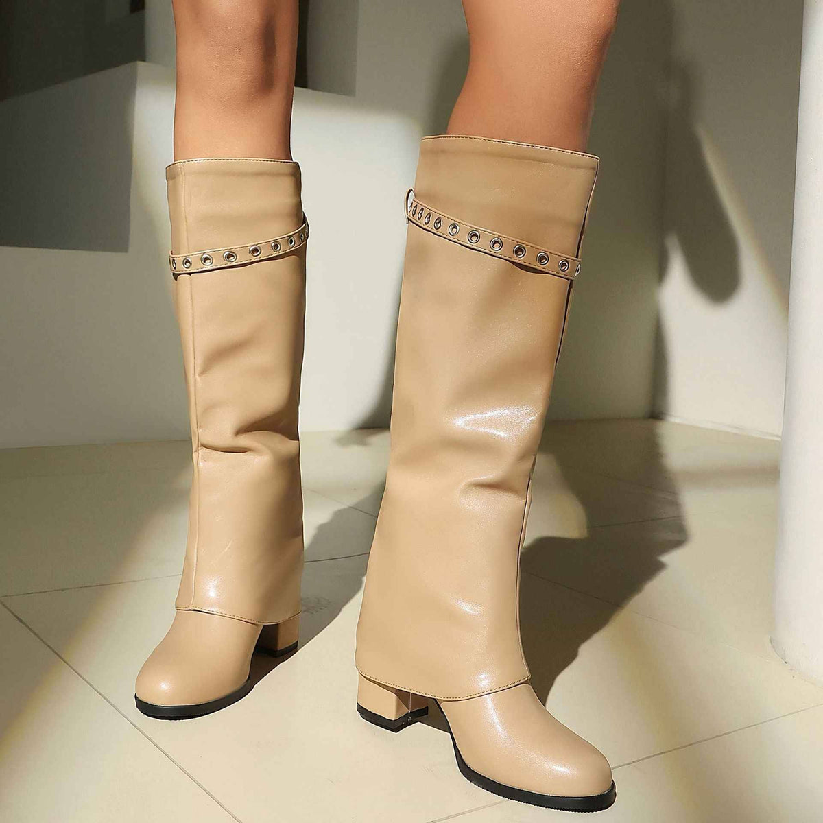 High Heel Chunky Large Size Slip-On Combat Boots for Women.