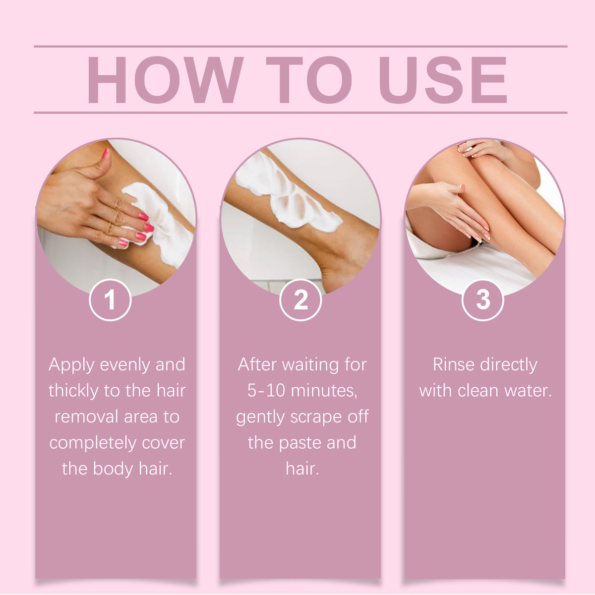 Oceaura Silky Hair Removal Cream for women's three-step guide showing application with a spatula, waiting