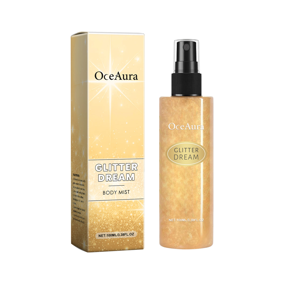 OceAura Body Glitter Spray shown with its gold box and gold shimmer bottle labelled Glitter Dream on a cream background