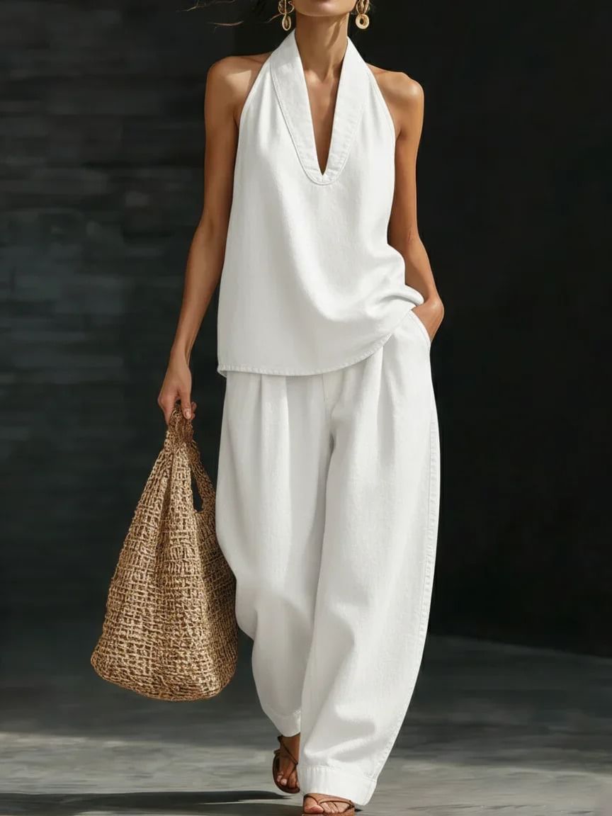 Women's V-Neck Sleeveless Top & Wide Leg Pants Set.