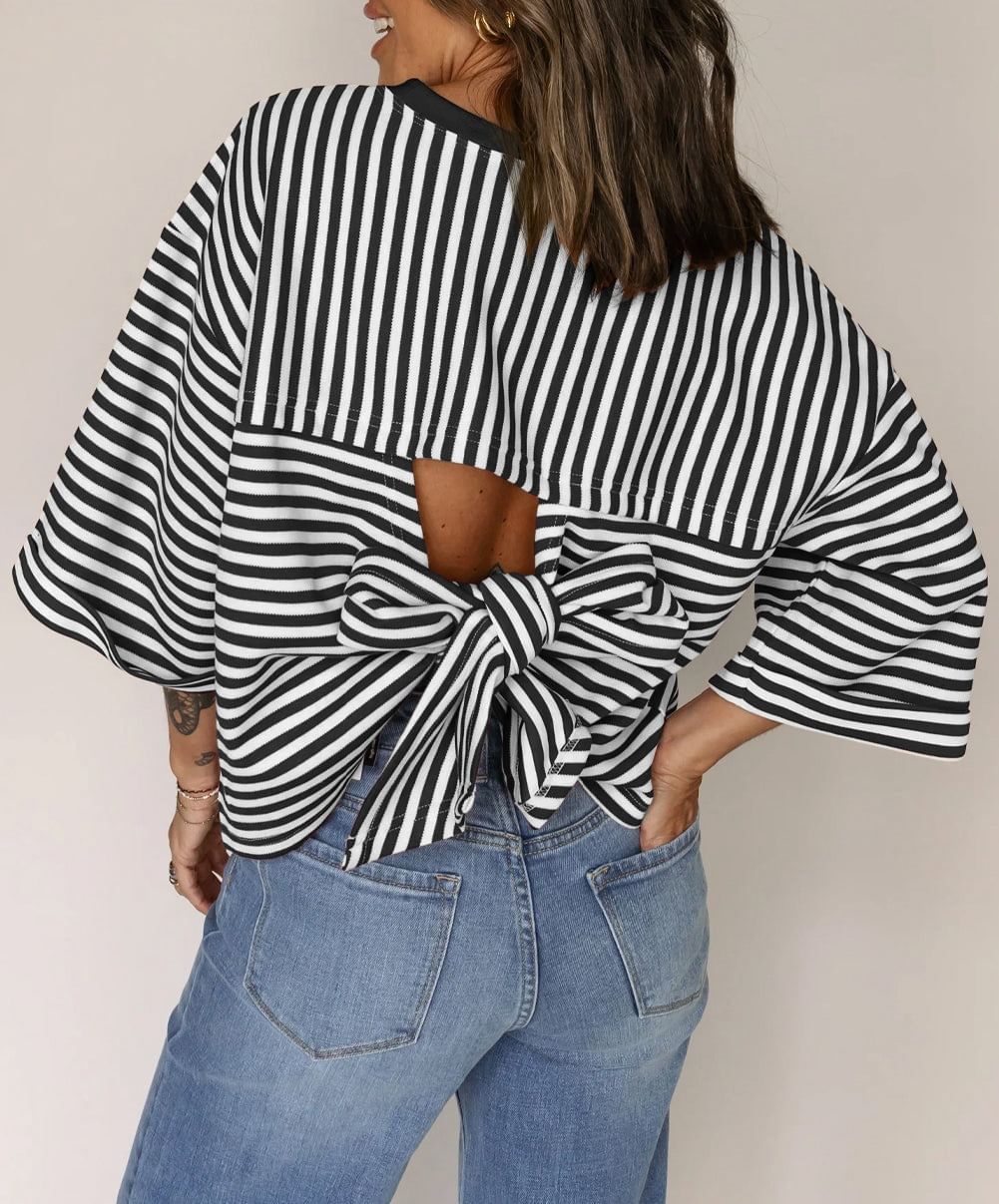 Women's Striped Back Bow Tie Pullover Top.