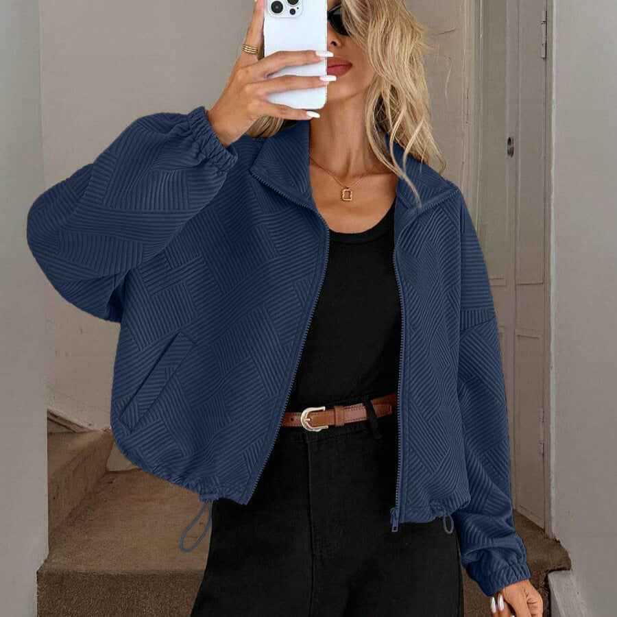 Women's Loose Zip-Up Jacket with Drawstring Hem & Pockets.