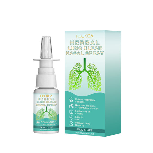 Houkea Herbal Nasal Spray for nasal irritation, shown beside its green and white lung-design box