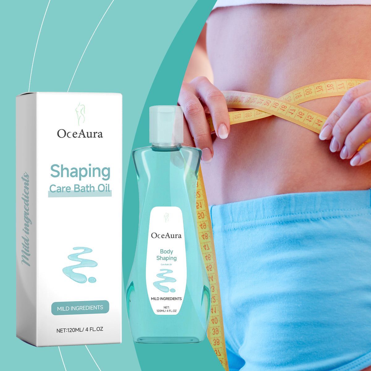 OceAura Body Shower Oil Gentle Body Massage bottle in turquoise beside its white box, with a woman measuring her waist