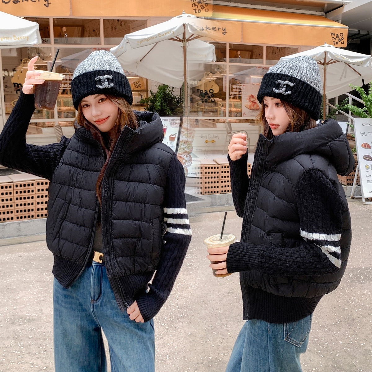 Women's Spliced Knitted Hooded Down Cotton Coat with Striped Webbing Slimming Puffer Jacket