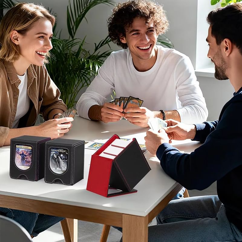 Leather TCG Card Storage Box – 100+ Card Capacity Organizer with Dividers for Trading Card Games.