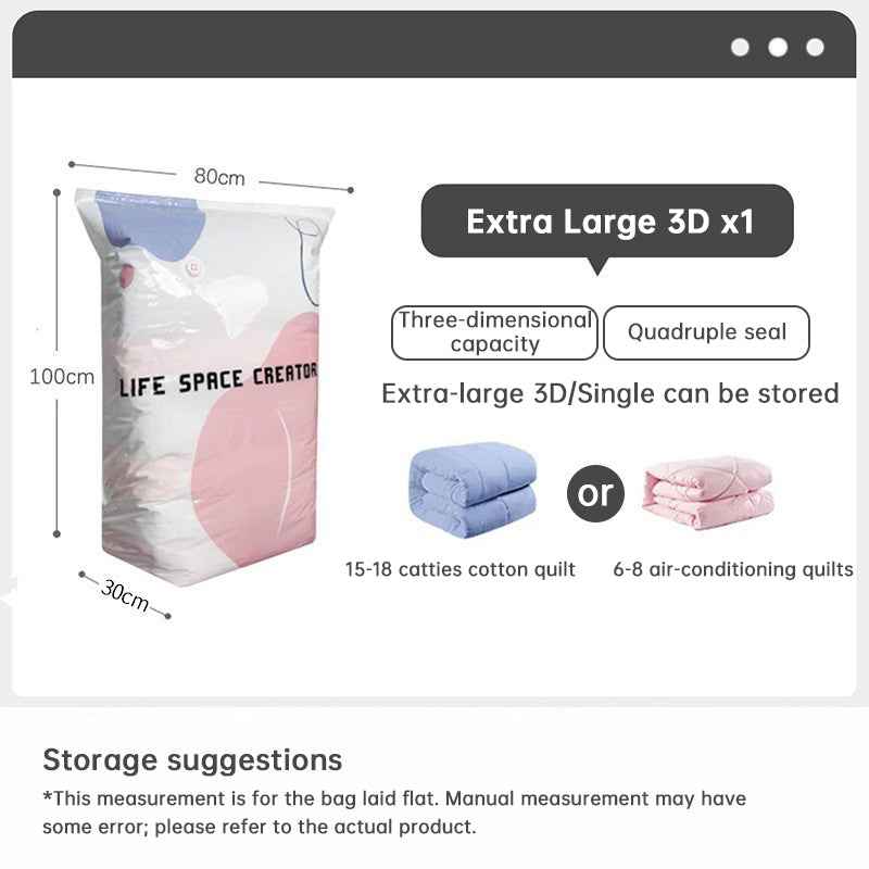 Pump-Free 3D Vacuum Bags, 3-Sec Compression, Reusable.