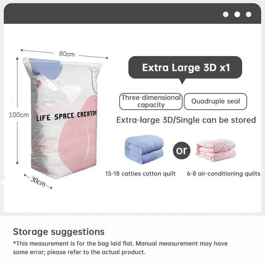 Pump-Free 3D Vacuum Bags, 3-Sec Compression, Reusable.