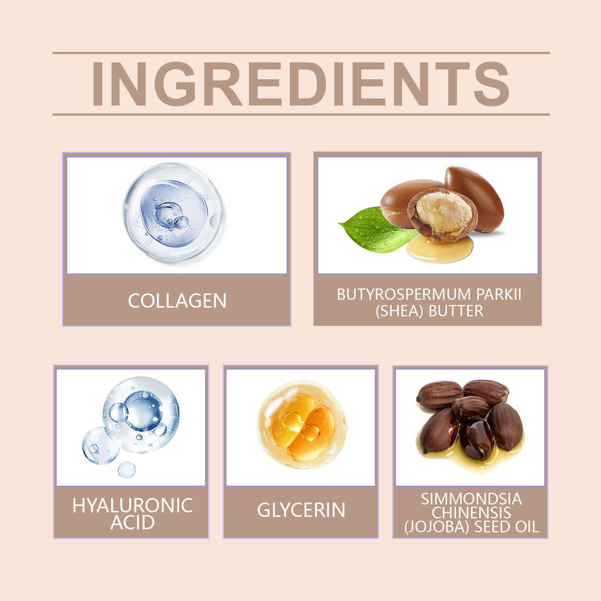 OceAura Shea Butter Moisturizer Daily ingredients panel showing collagen, shea butter, hyaluronic acid, glycerin