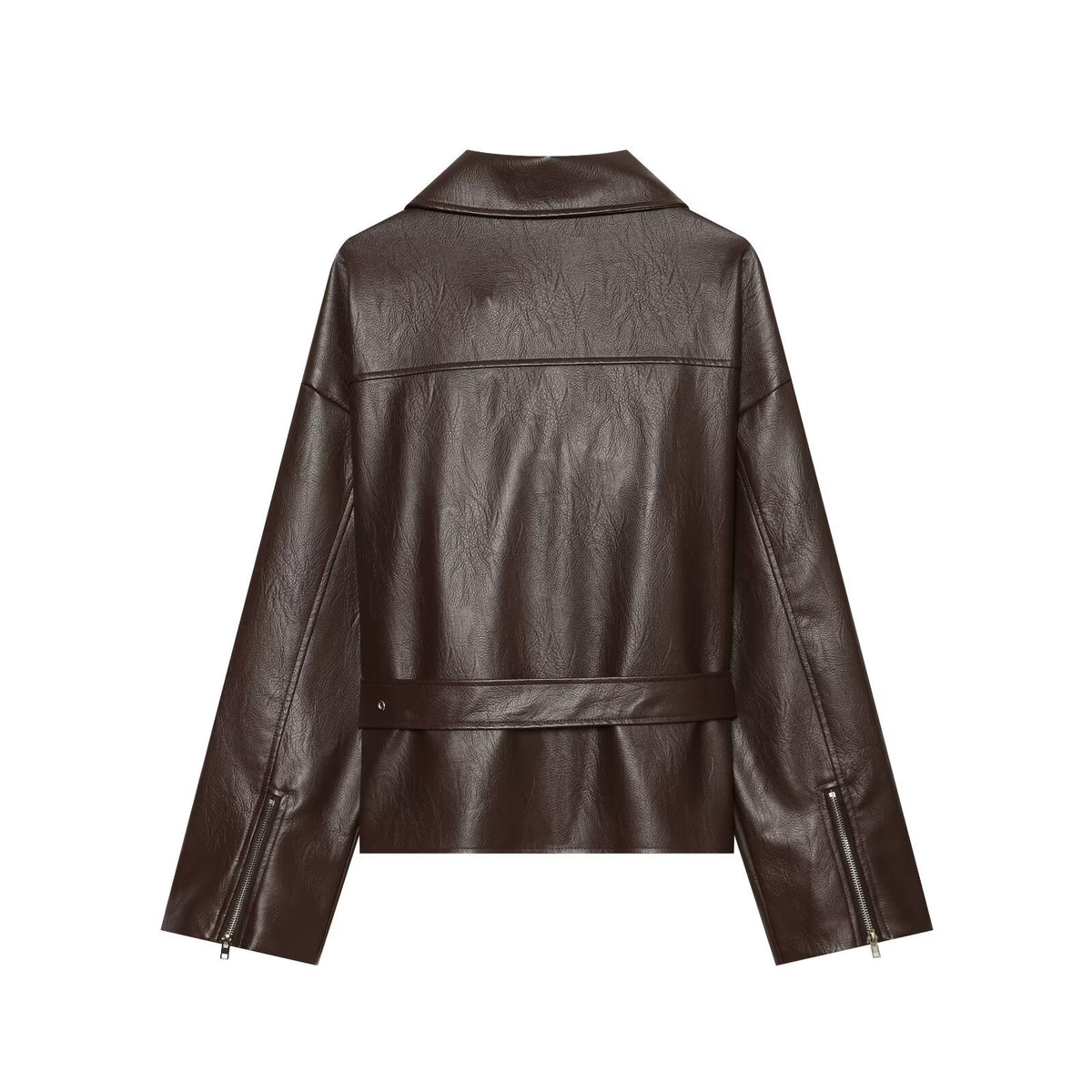 Suit collar long sleeved leather jacket for women