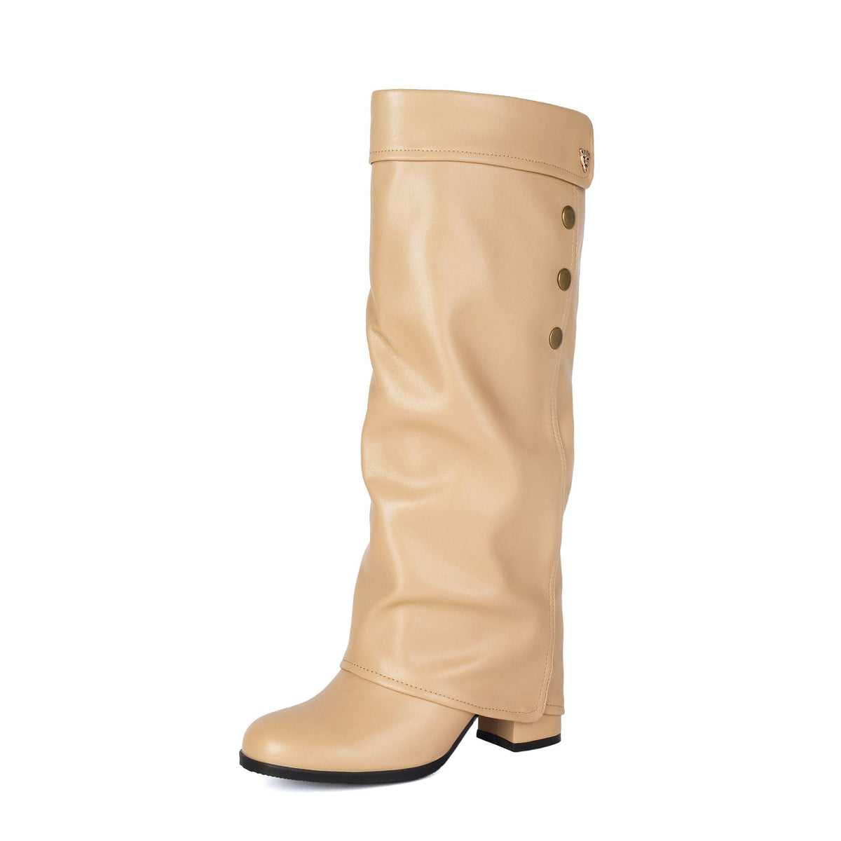 Women's Chunky Heel Knee-High Boots with Buckle Detail.