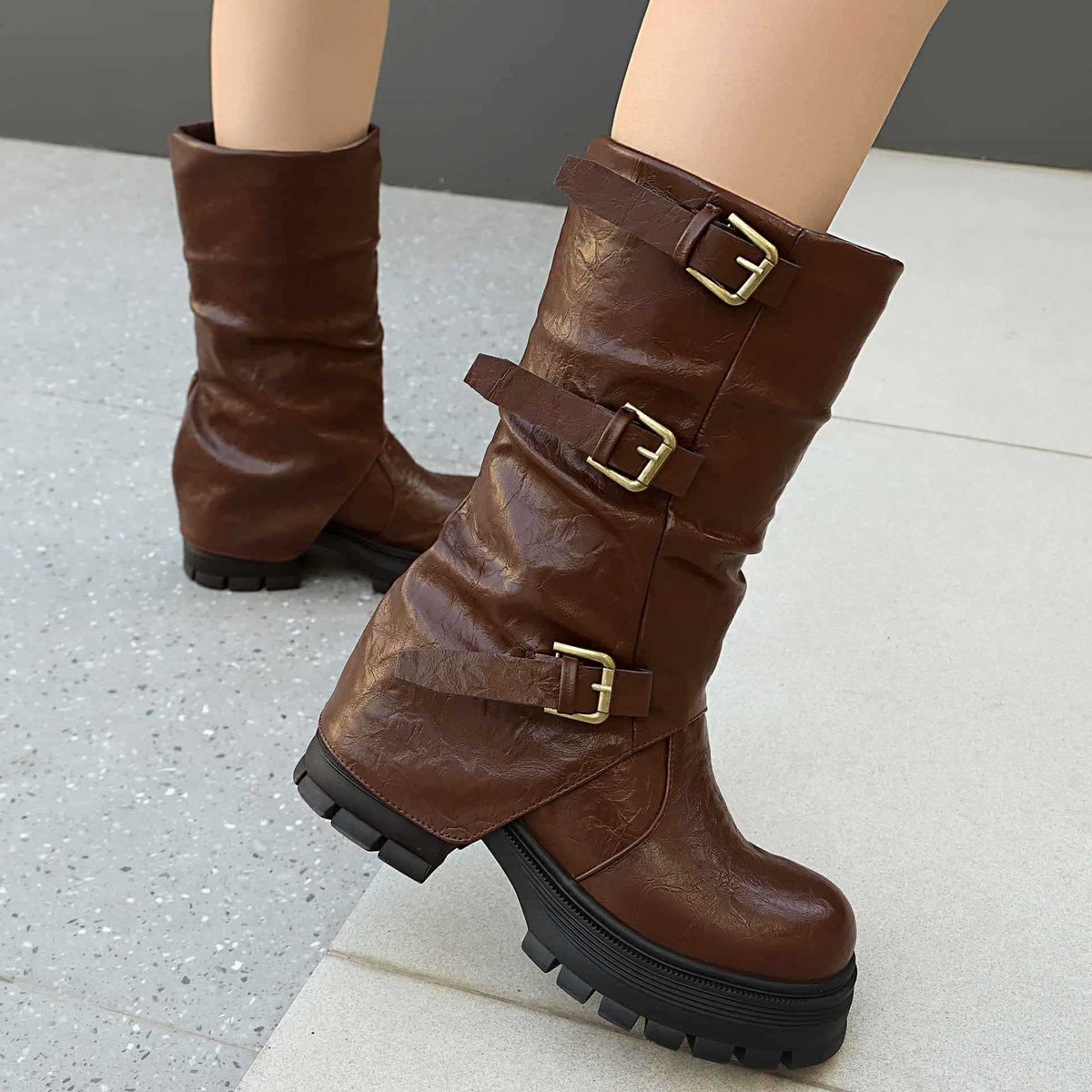 Women's Chunky Heel Short Boots with Belt Buckle Slip-On.