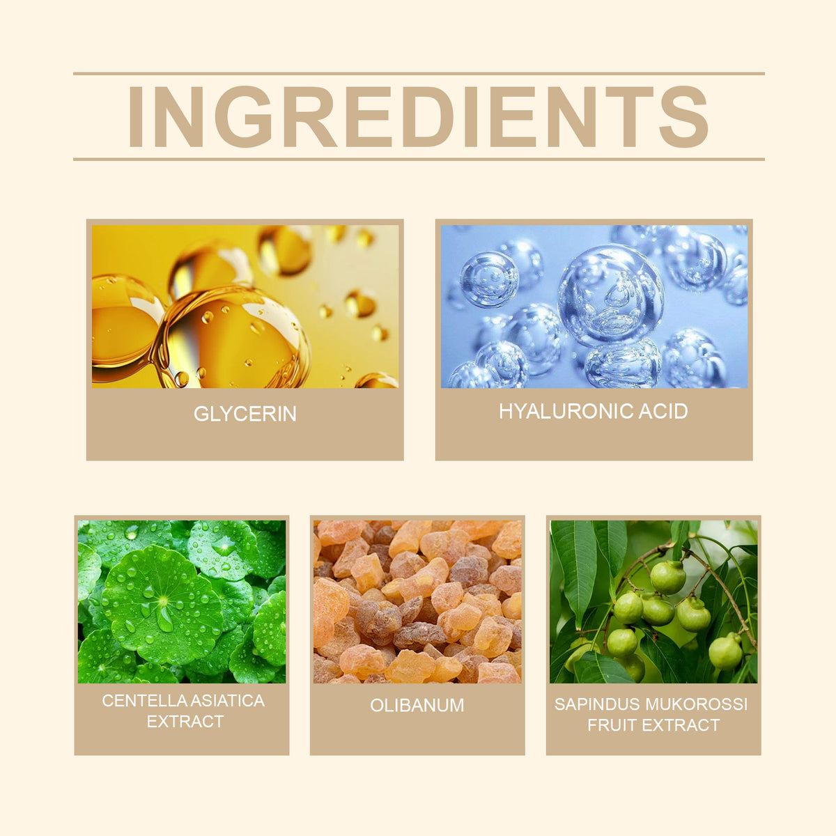 Oceaura Body Frankincense Care Essential Oil ingredients shown as glycerin droplets, hyaluronic acid bubbles