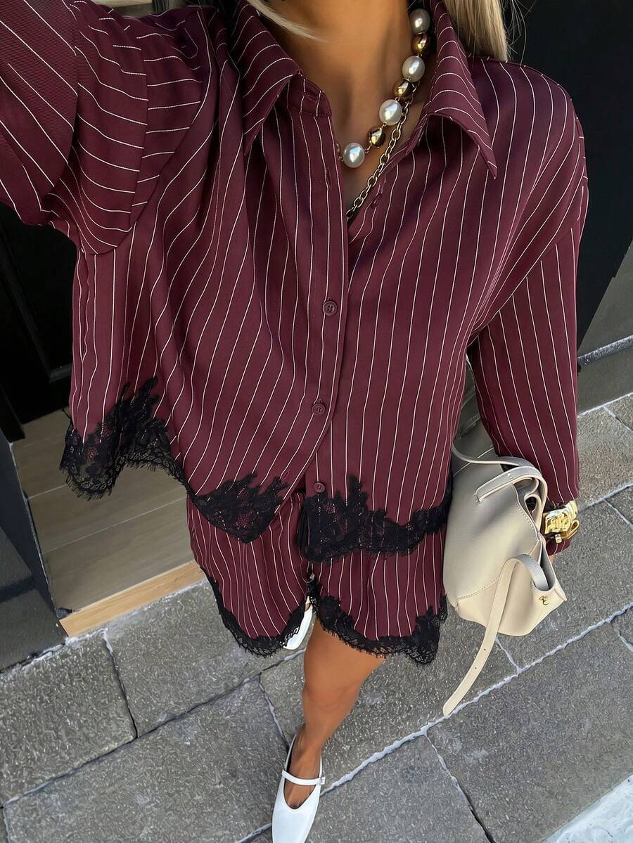 Women's Striped Shirt & Drawstring Shorts Set.