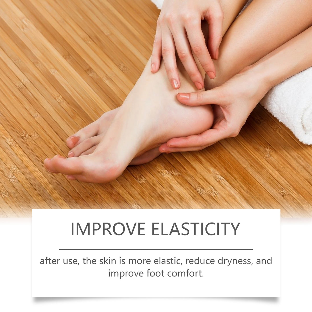 OceAura Foot Moisturizing Cream Soothing Dry Feet shown with hands gently massaging a bare heel on a wooden floor