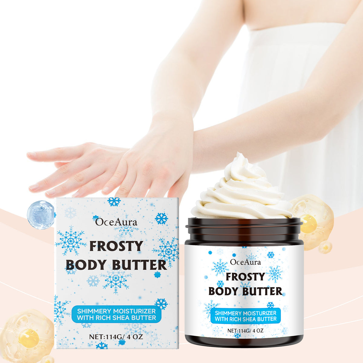 OceAura Shea Butter Moisturizer for daily body lotion use, shown in a frosty white jar beside its blue snowflake box