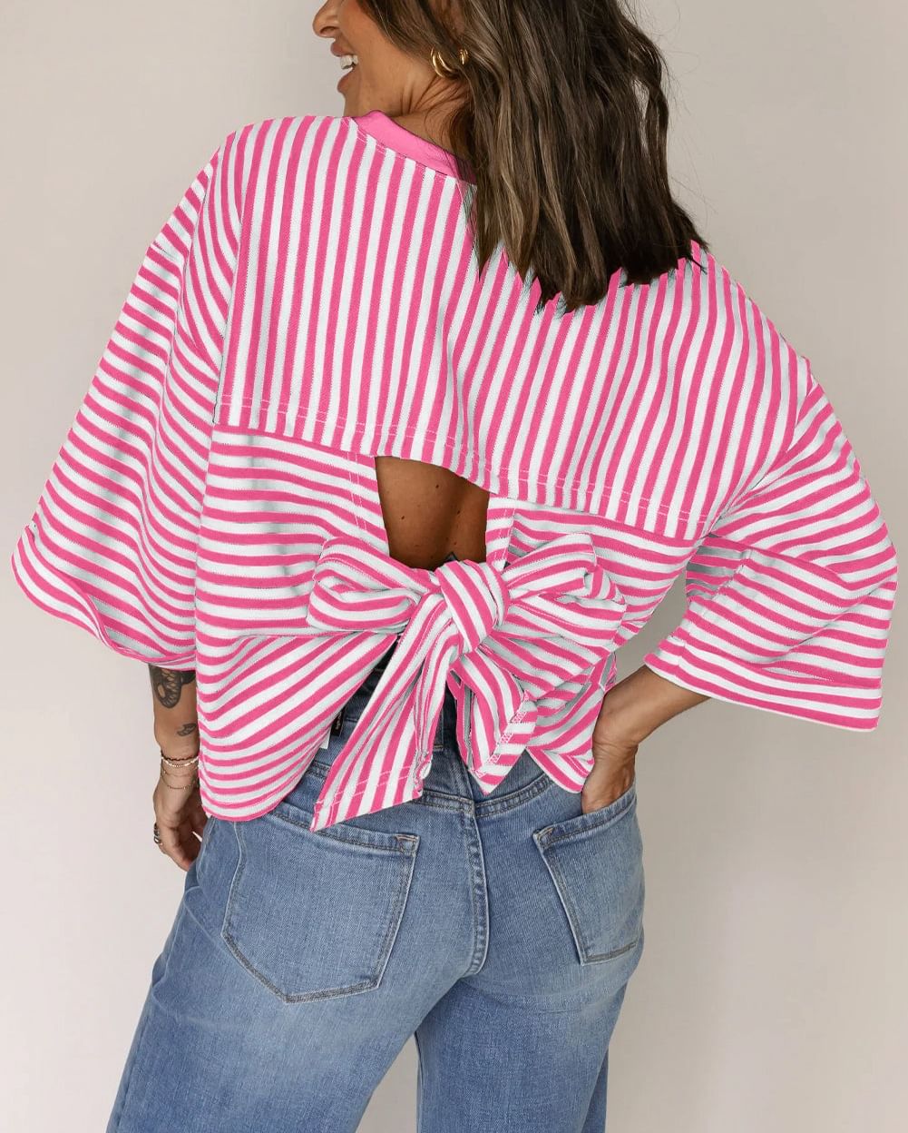 Women's Striped Back Bow Tie Pullover Top.