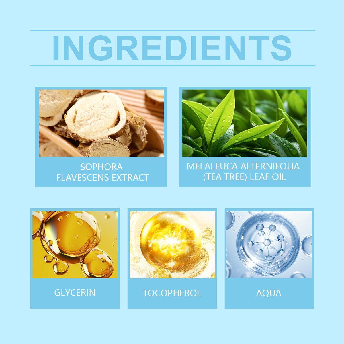 OceAura Skin Repair Cream ingredients shown in a grid: sophora extract, tea tree leaf oil, glycerin