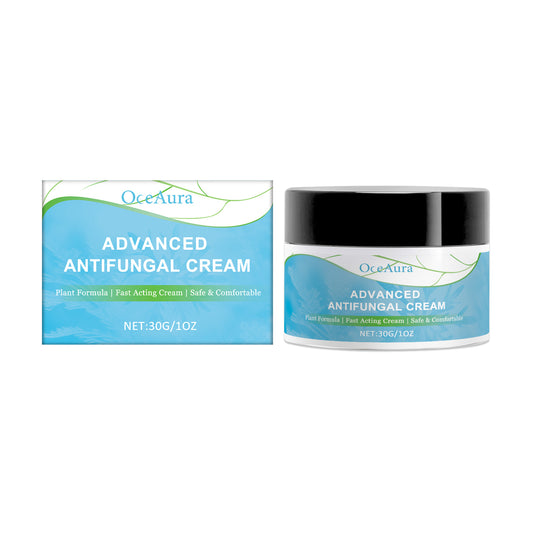 OceAura Skin Repair Cream in a blue jar with black lid beside its matching blue box, labeled Advanced Antifungal Cream