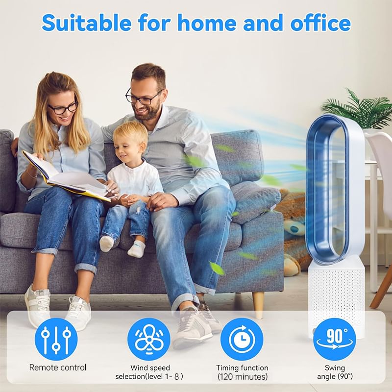 Bladeless Tower Fan with Air Purifier – Ultra-Quiet for Bedroom & Office.