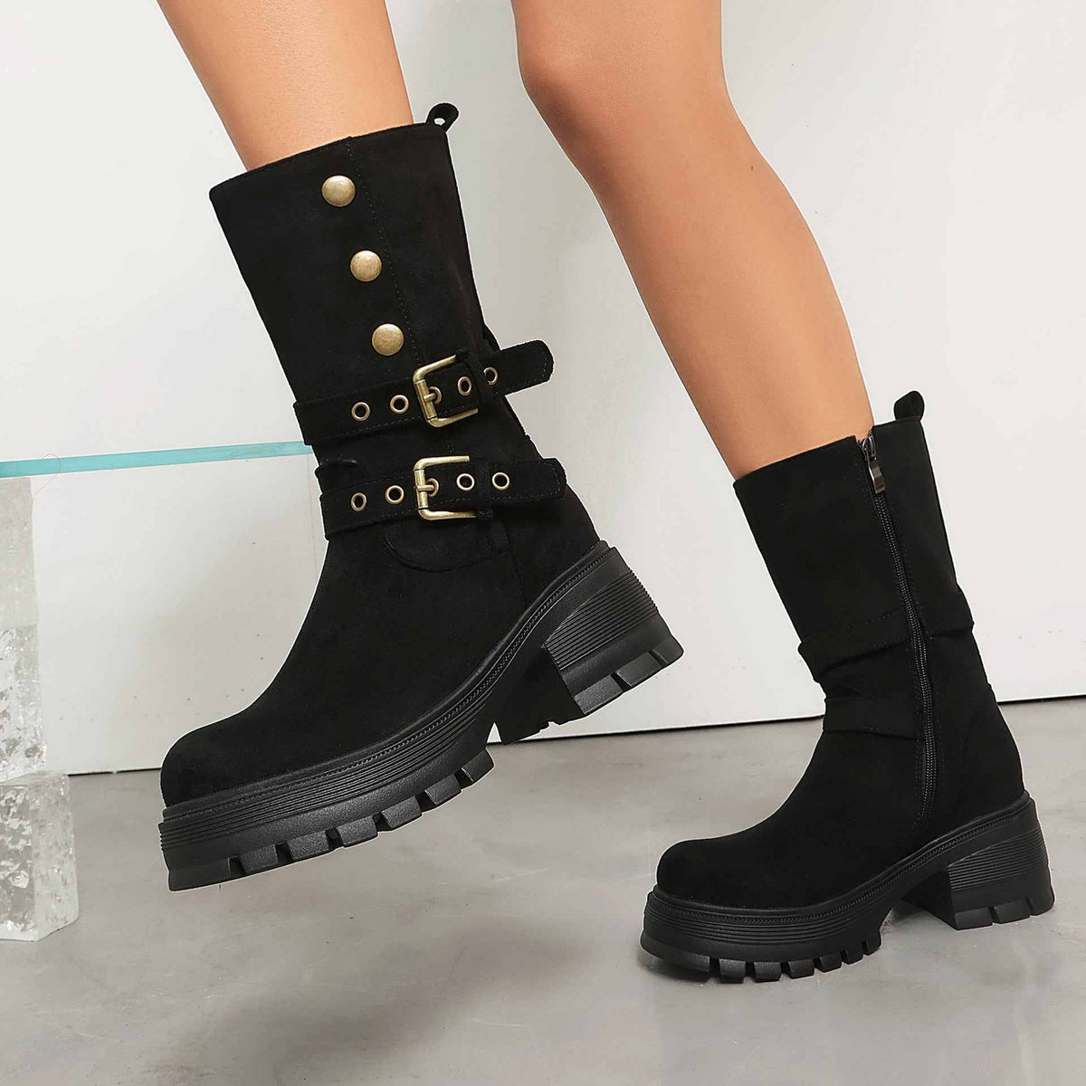 Women's Thick Sole High Heel Ankle Boots with Belt Buckle.