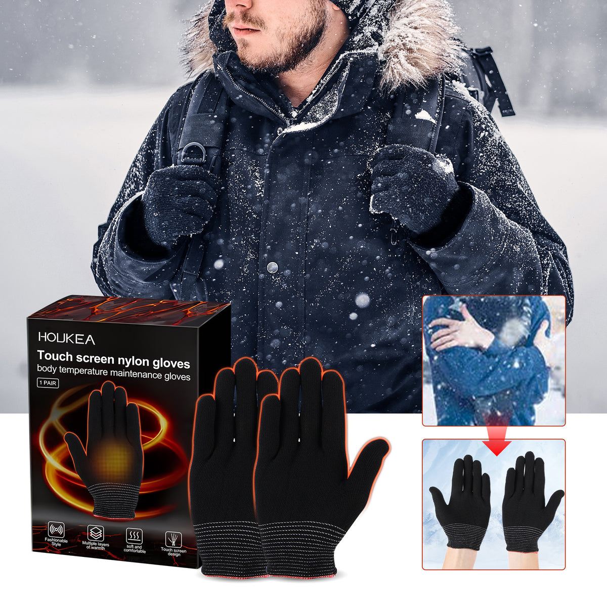 HouKea Touchscreen Nylon Thermal Body Temperature Gloves – 1 Pair.