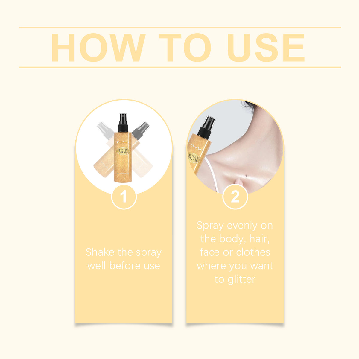 This infographic shows how to use OceAura Body Glitter Spray
