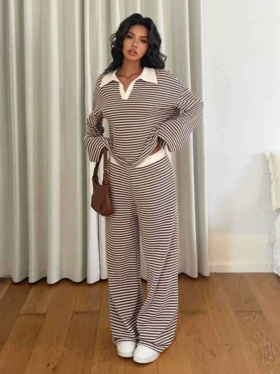 Women's Contrast Stripe Wide Leg Pants Set.