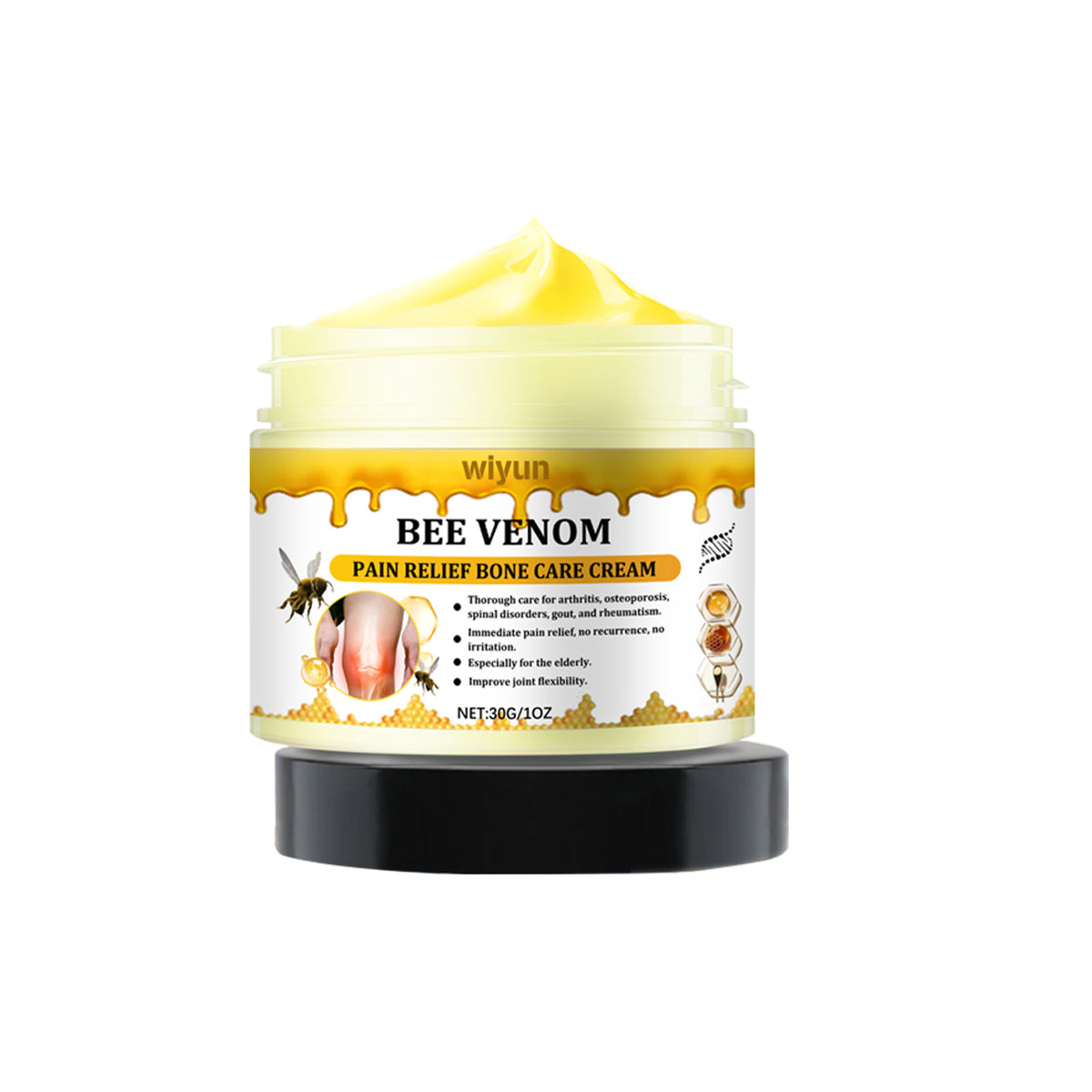 Wiyun Joint Relief Cream in a yellow jar with a black lid, its creamy top visible, beside bee and honeycomb artwork
