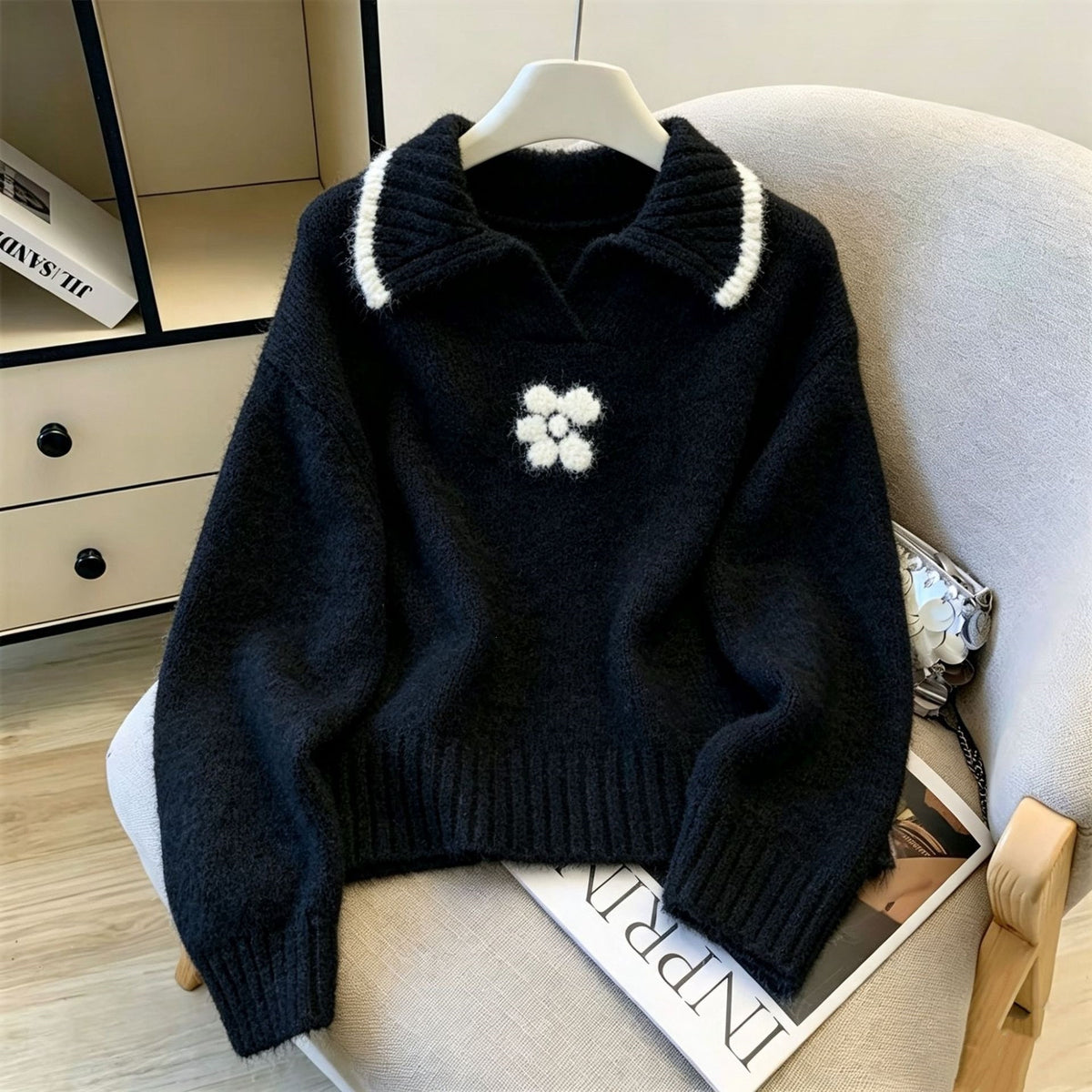 Color blocked flower lapel sweater for women