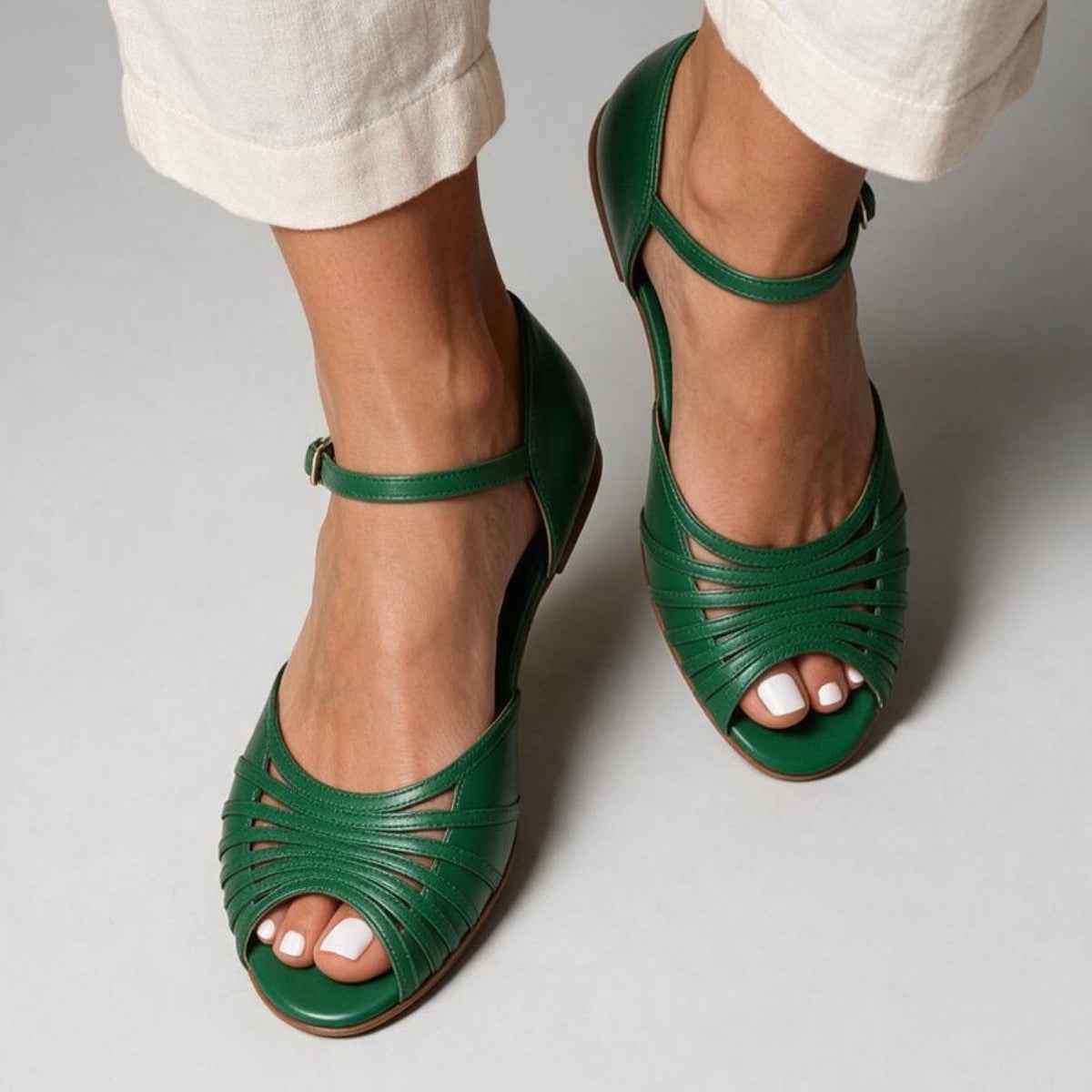 Women's Flat Ankle Strap Sandals with Adjustable Buckle.