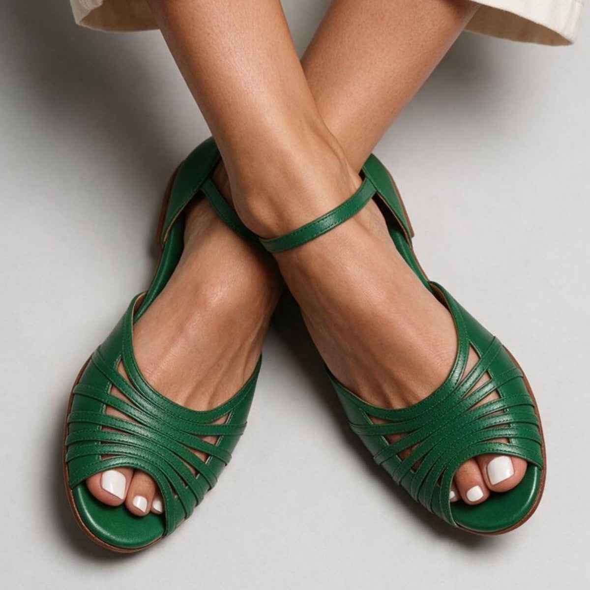 Women's Flat Ankle Strap Sandals with Adjustable Buckle.